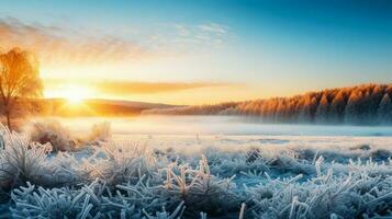 Frosty morning sunrise background with empty space for text photo