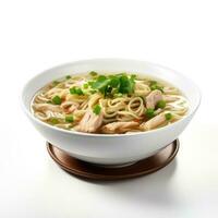 Classic chicken noodle soup isolated on white background photo