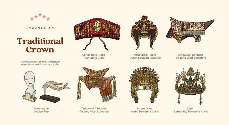 Isolated Indonesian wedding crown illustration with mannequin display bust