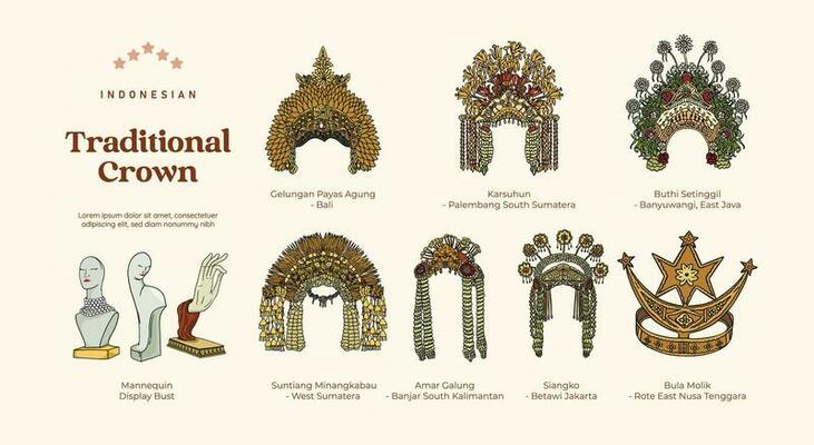 Isolated Indonesian wedding crown illustration with mannequin display bust