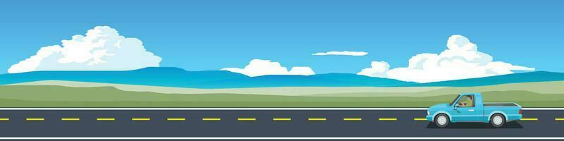 Cartoon transport travel for banner. Pickup car with driving for travel.  Asphalt road near the green meadow.  with mountain under blue sky and white clouds for background. vector