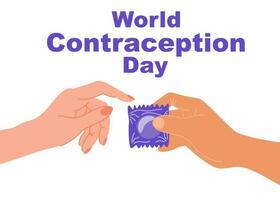 World Contraception Day. Hand holding condom package. Safe sex. Leaflet, poster, banner, postcard. Vector Illustration