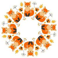 Vector round frame of cute foxes, butterflies, twigs and leaves in cartoon style. Forest animals and plants. Autumn in the forest. Space for text.