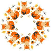 Vector round frame of cute foxes, butterflies, twigs and leaves in cartoon style. Forest animals and plants. Autumn in the forest. Space for text.