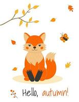 Vector illustration with cute fox, butterfly and leaf fall in cartoon style. Forest animals and plants. Hello autumn. Poster in A4 format.