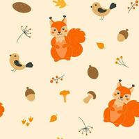 Seamless pattern with cute squirrels, mushrooms, cones, acorns, birds and autumn leaves in cartoon style. Animals in the forest. Vector illustration.