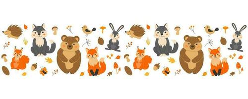 Seamless border of cute forest animals and plants. A red fox and a squirrel, a funny bunny, a bear, a gray wolf, a prickly hedgehog. Mushrooms, twigs, acorn, autumn leaves. vector