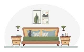 dormitorio interior diseño, acogedor hogar, plano estilo vector ilustración, cama, cabecera mesa, lámpara, alarma reloj, almohada