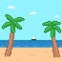 beach pixel art illustration, summer background, retro 80s 90s style, arcade game, 8 bit, palm, sea, beach, vector illustration