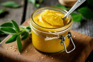 stock photo of mustard paste in kitchen table flat lay AI Generated