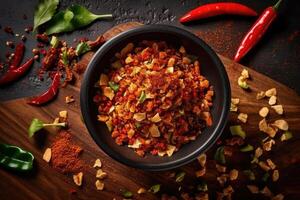 stock photo chilli flakes in kitchen table flat lay