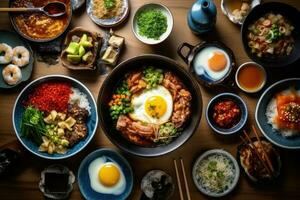 valores foto de natural japonés comida en cocina mesa plano laico ai generado