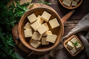 stock photo raw tofu in kitchen table flat lay