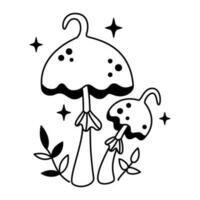 Vector witchy magical mushrooms with stars and dots in black color. Outline magic mushrooms and leaves. Fairytale esoteric mushrooms.