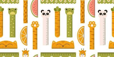 Vector seamless pattern with cute measuring rulers. Kawaii background in flat design. Funny animals and fruits on rulers seamless pattern. Print with measuring tools.