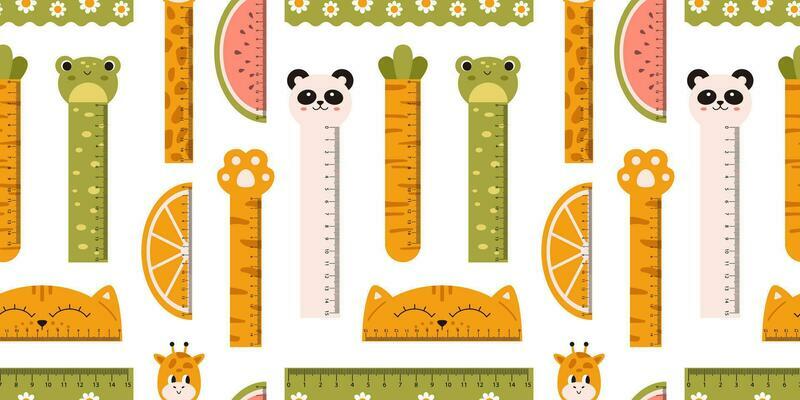 Vector seamless pattern with cute measuring rulers. Kawaii background in flat design. Funny animals and fruits on rulers seamless pattern. Print with measuring tools.