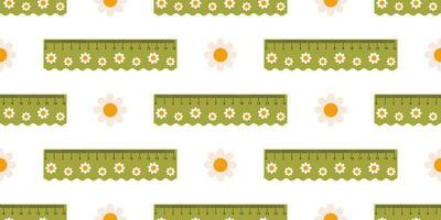 Vector seamless pattern with cute green measuring rulers. School rulers and chamomile flowers on white background in flat design.  Print with measuring tools.