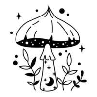 Vector witchy magical mushroom with stars and moon in black color. Outline magic mushroom and leaves. Fairytale esoteric mushroom.