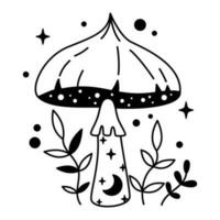 Vector witchy magical mushroom with stars and moon in black color. Outline magic mushroom and leaves. Fairytale esoteric mushroom.