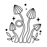 Vector witchy mystical mushrooms with stars and dots in black color. Outline magic striped mushroom and leaves. Fairytale esoteric mushroom bundle.