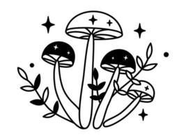 Vector witchy mystical mushrooms with stars in black color. Outline magic mushrooms and leaves. Fairytale esoteric mushroom bundle.