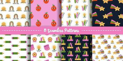 Vector set of cute school seamless patterns. Backgrounds with motivational elements. Trendy funny patterns or prints. Back to school or university designs. Motivation to study and education patterns.