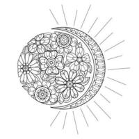 Flowers blooming in the sun and the moon hand drawn for adult coloring book vector