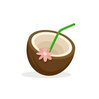 flat illustration of coconut drink with green straw and pink flower on isolated white background vector