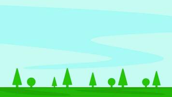 cartoon style nature landscape background with some pine tree and bright blue sky vector