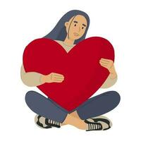 Cartoon style woman embracing a big red heart. vector