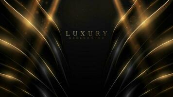 Abstract black luxury background with gold curve element and golden light effect decorations and bokeh. vector