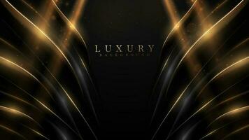 Abstract black luxury background with gold curve element and golden light effect decorations and bokeh. vector