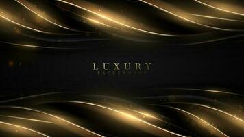 Abstract black luxury background with gold curve element and golden light effect decorations and bokeh. vector