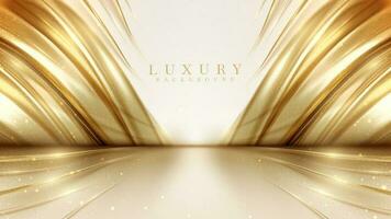 Luxury cream color background with golden line elements and curve light effect decoration and bokeh. vector