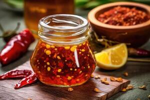 stock photo of chili oil in jar on the kitchen flat lay AI Generated