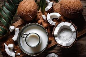 stock photo of coconut milk in kitchen table flat lay AI Generated