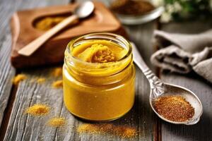 stock photo of mustard paste in kitchen table flat lay
