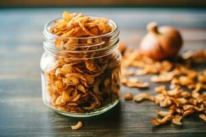 stock photo of fried onion bits on the jar in table kitchen AI Generated