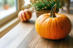 stock photo of pumpkin in kitchen table flat lay AI Generated