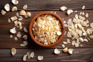 stock photo of fried garlic bits kitchen table flat lay AI Generated