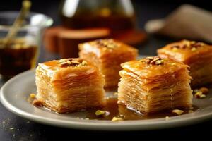 baklava en el cocina mesa comida fotografía ai generado foto