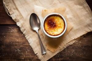 creme brulee in the kitchen table Food Photography AI Generated photo