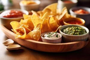 chips and dips in the kitchen table Food Photography AI Generated photo