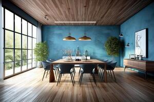 stock photo of modern wood blue dining room ultra AI Generated