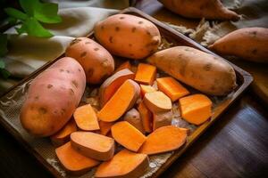 stock photo of sweet potato in kitchen table flat lay AI Generated