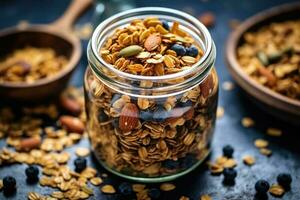 granola in the kitchen table Food Photography AI Generated photo