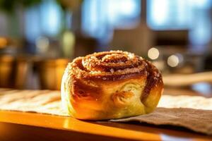 cinnamon roll in the kitchen table Food Photography AI Generated photo