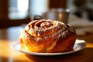 cinnamon roll in the kitchen table Food Photography AI Generated photo