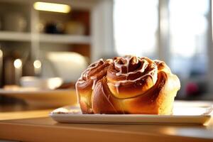 cinnamon roll in the kitchen table Food Photography AI Generated photo