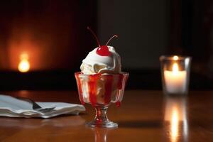 red light sundae in the kitchen table Food Photography AI Generated photo